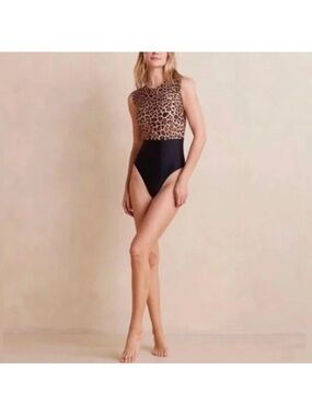 Summersalt Women's Black Leopard Animal Print Zip The Surf 1 Pc Swimsuit Sz 18